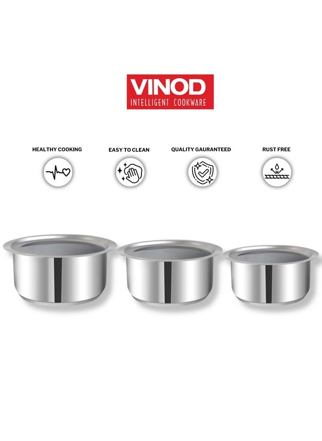 Vinod Stainless Steel 3 pc Tope Set with Capacity of 1.4 litres, 1.8 litres & 2.2 litres with Stainless Steel Lids (Gas Stove and Induction Friendly) - Silver, 24 Months Warranty