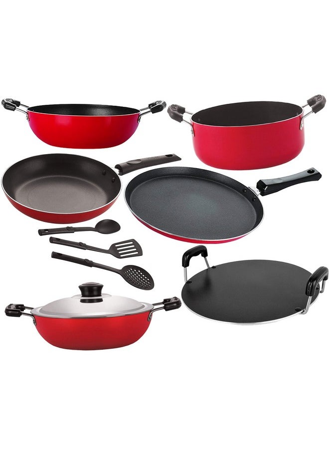 Nirlon Non-Stick Aluminium Chemical Free Odor Proof Cooking Essential Combo Gift Set Offer, Red-9 Pcs [FT13_DKDB_KD13_RT_Cass20_TP24_3SPN]