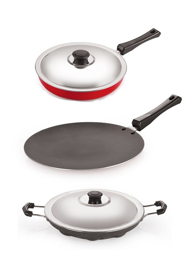 NIRLON Non-Stick Cookware Set (Concave Tawa 28.5 cm, Fry Pan with Steel Lid 2.25 LTR, Appa Patram 12Pits) Pans and Tawas, Pots - Kitchen & Dining Red & Black Combo Offer 3 Piece.