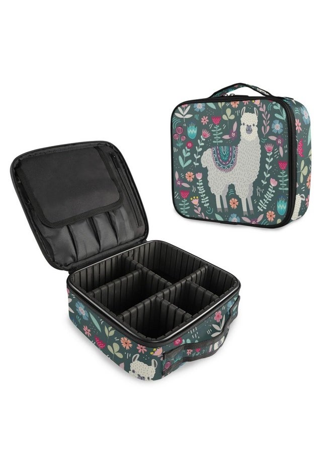 House of Quirk Makeup Cosmetic Storage Case With Adjustable Compartment Cosmetic Bag (Lama Floral), 25 x 22 x 9 Centimeters, Multicolor