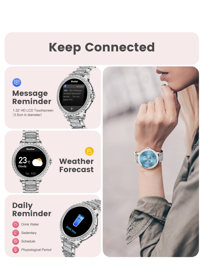 Women Smart Watch Stainless Steel Silver Luxury Diamonds decoration Ladies Sport Smartwatches 24H Heart Rate/Sleep Monitor IP67 Waterproof for Android IOS
