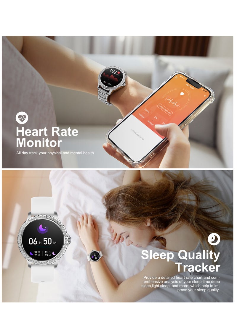 Women Smart Watch Stainless Steel Silver Luxury Diamonds decoration Ladies Sport Smartwatches 24H Heart Rate/Sleep Monitor IP67 Waterproof for Android IOS