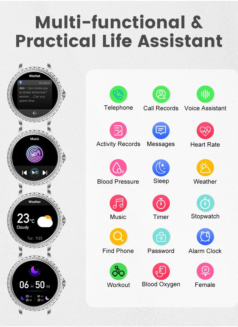 Women Smart Watch Stainless Steel Silver Luxury Diamonds decoration Ladies Sport Smartwatches 24H Heart Rate/Sleep Monitor IP67 Waterproof for Android IOS