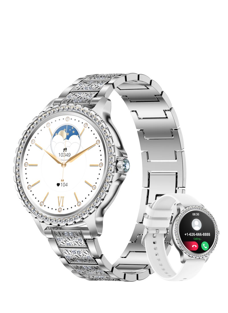Women Smart Watch Stainless Steel Silver Luxury Diamonds decoration Ladies Sport Smartwatches 24H Heart Rate/Sleep Monitor IP67 Waterproof for Android IOS