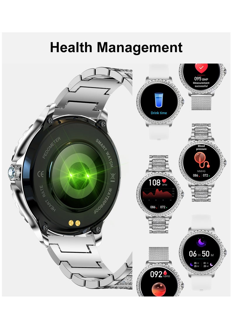 Women Smart Watch Stainless Steel Silver Luxury Diamonds decoration Ladies Sport Smartwatches 24H Heart Rate/Sleep Monitor IP67 Waterproof for Android IOS
