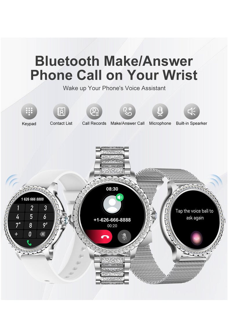 Women Smart Watch Stainless Steel Silver Luxury Diamonds decoration Ladies Sport Smartwatches 24H Heart Rate/Sleep Monitor IP67 Waterproof for Android IOS