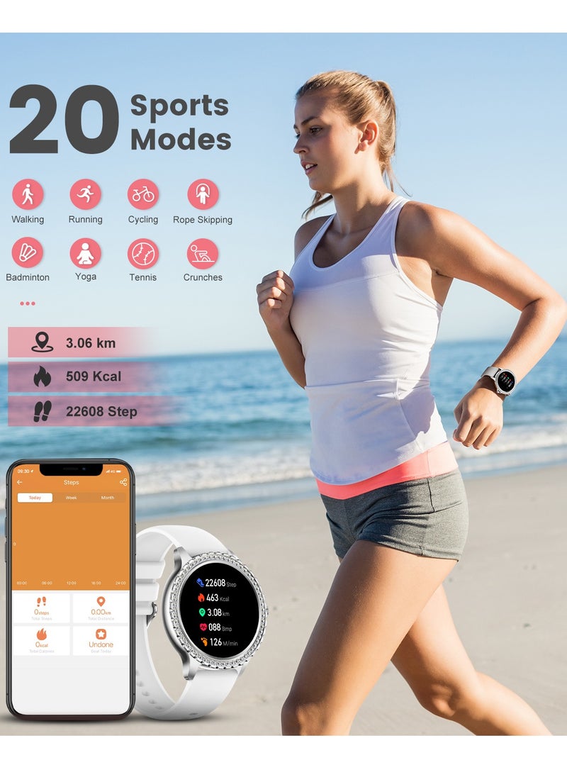 Women Smart Watch Stainless Steel Silver Luxury Diamonds decoration Ladies Sport Smartwatches 24H Heart Rate/Sleep Monitor IP67 Waterproof for Android IOS