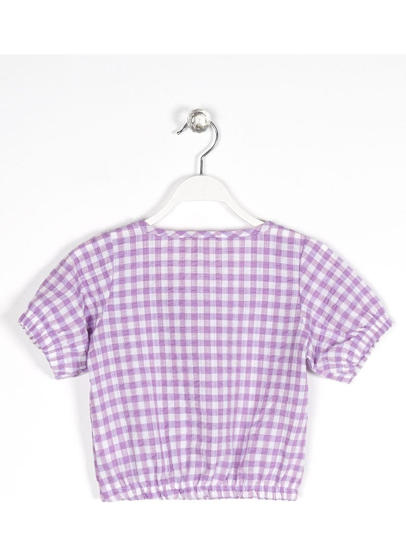 Crew Neck Short Sleeve Mini Plaid Sleeve and Waist Elastic Lilac Color Girl Crop Top