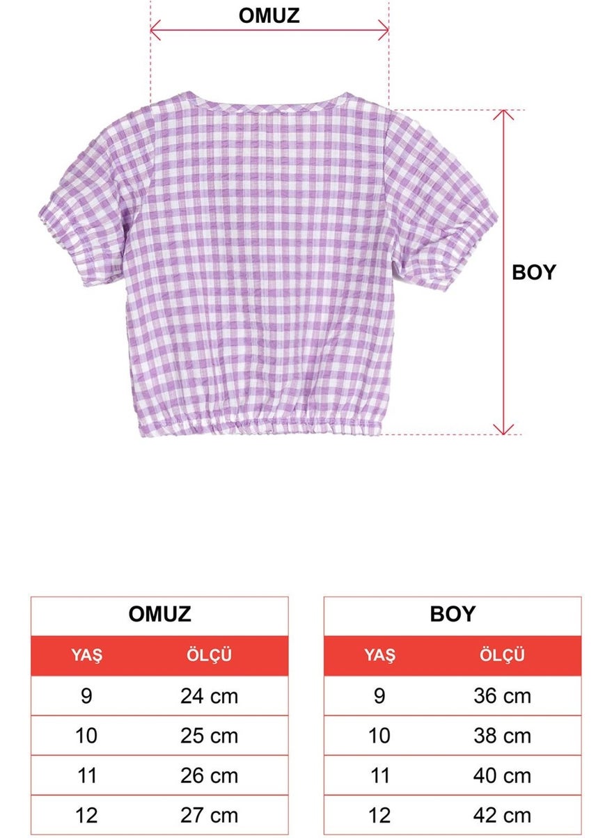 Crew Neck Short Sleeve Mini Plaid Sleeve and Waist Elastic Lilac Color Girl Crop Top