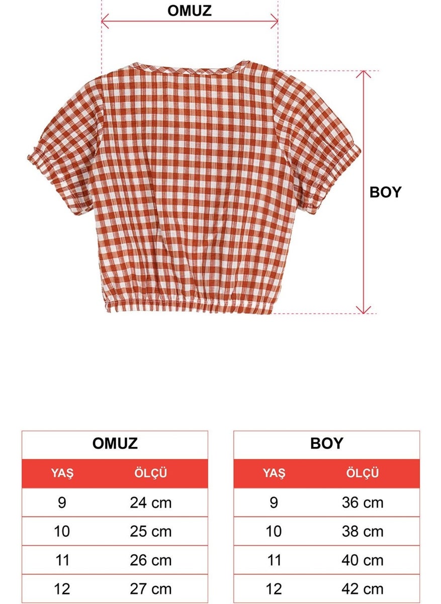 Crew Neck Short Sleeve Mini Plaid Sleeve and Waist Elastic Cinnamon Color Girl Crop Top