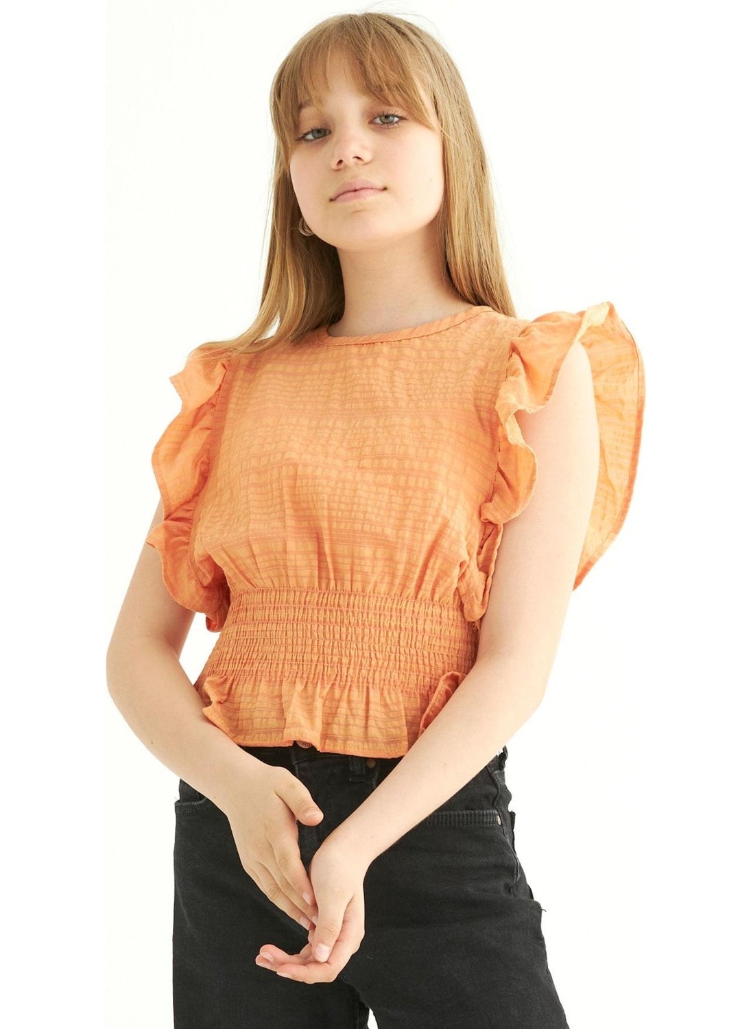 Crew Neck Bat Sleeve Orange Color Girl Blouse