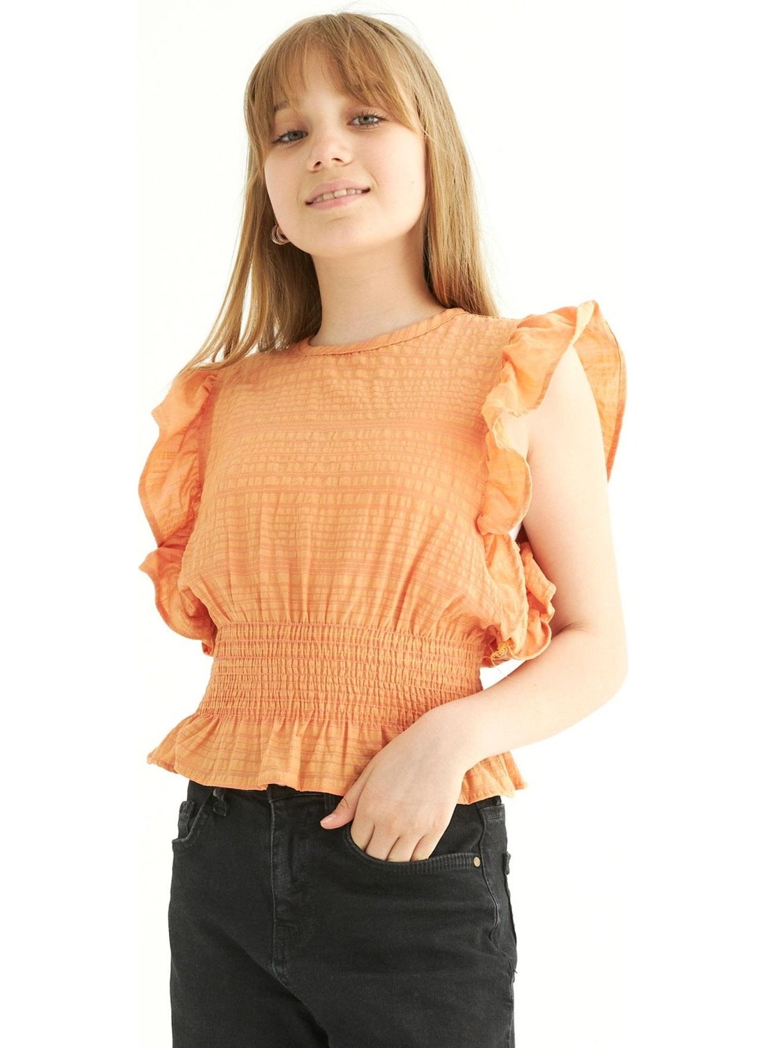 Crew Neck Bat Sleeve Orange Color Girl Blouse