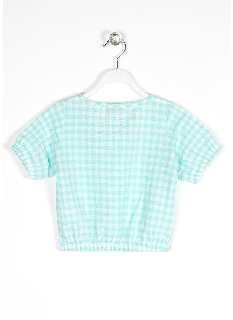Crew Neck Short Sleeve Mini Plaid Sleeve and Waist Elastic Mint Color Girl Crop Top