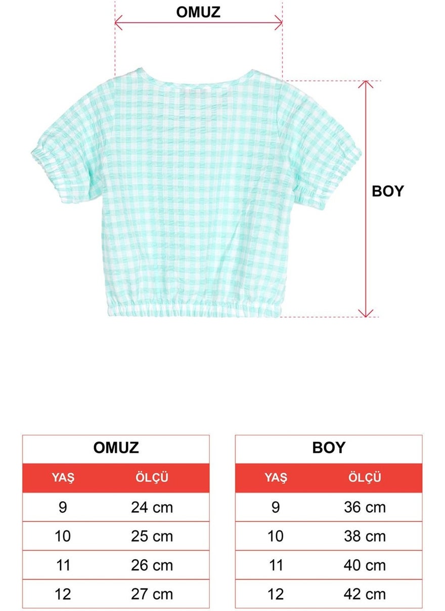 Crew Neck Short Sleeve Mini Plaid Sleeve and Waist Elastic Mint Color Girl Crop Top
