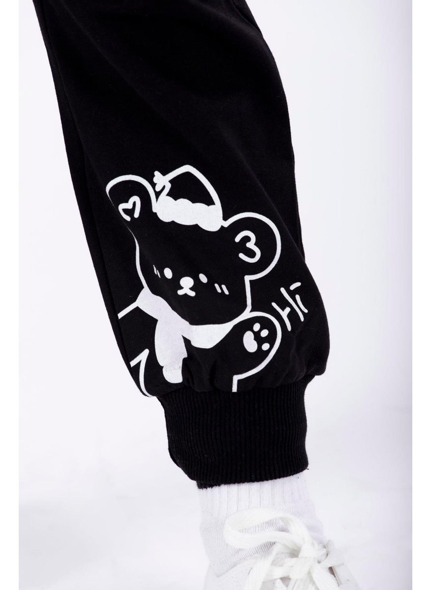 Hat and Bear Printed Black Color Boy Tracksuit