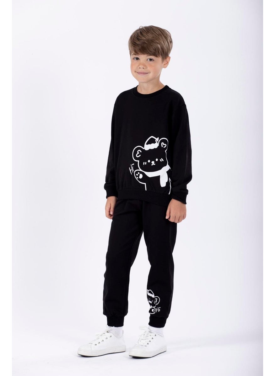 Hat and Bear Printed Black Color Boy Tracksuit