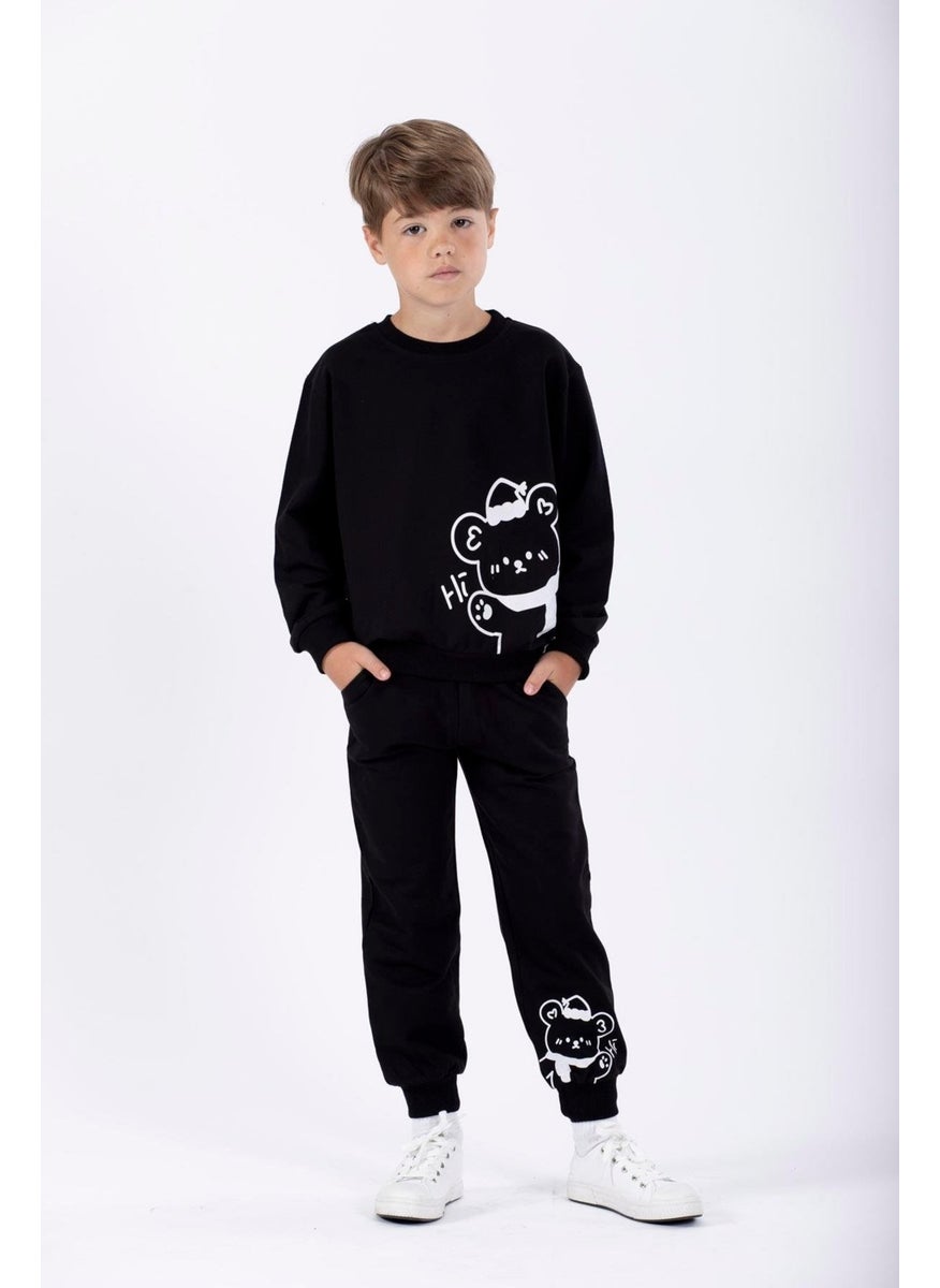 Hat and Bear Printed Black Color Boy Tracksuit