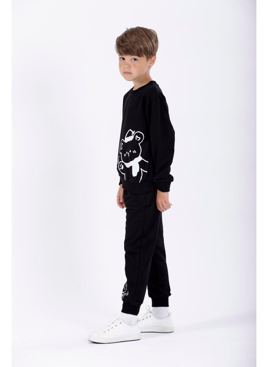 Hat and Bear Printed Black Color Boy Tracksuit
