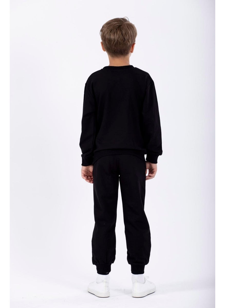 Hat and Bear Printed Black Color Boy Tracksuit
