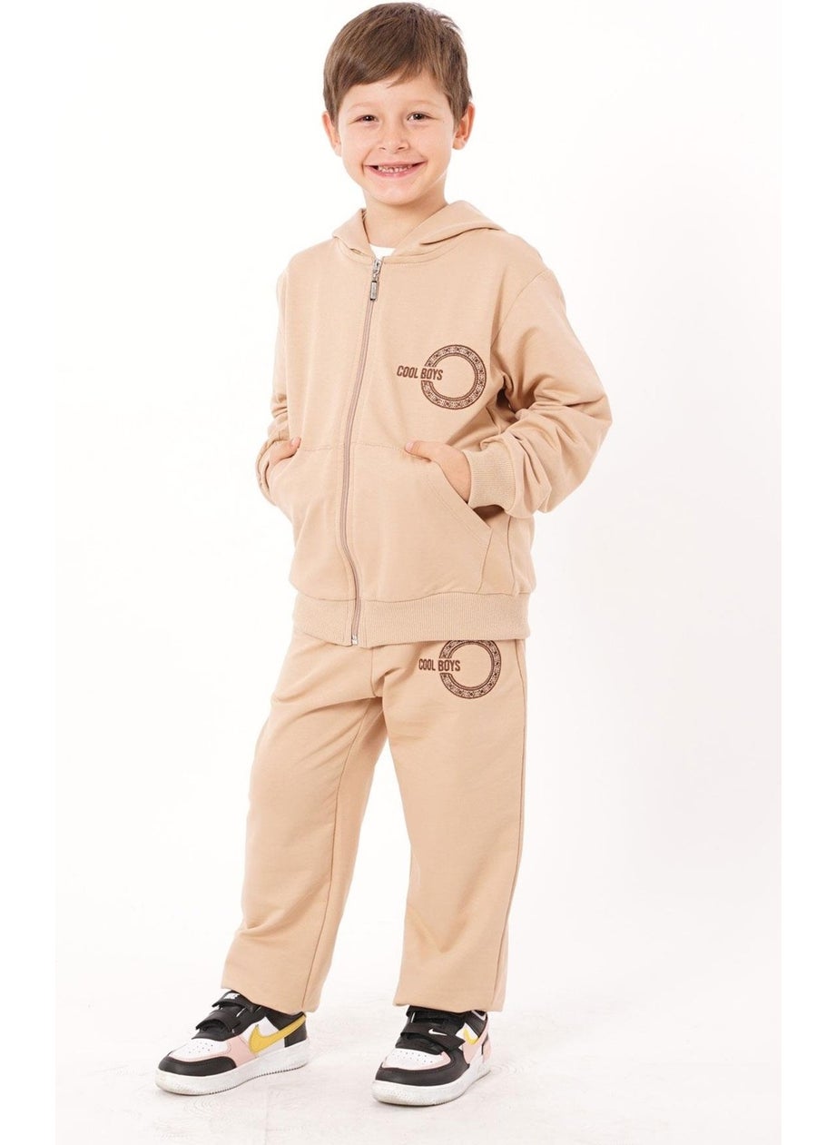 Text Printed Hooded Mink Color Boy Zippered Tracksuit