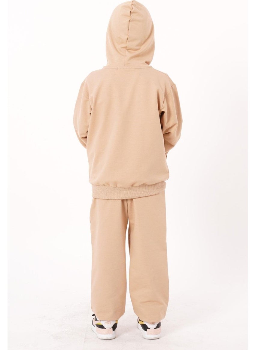Text Printed Hooded Mink Color Boy Zippered Tracksuit