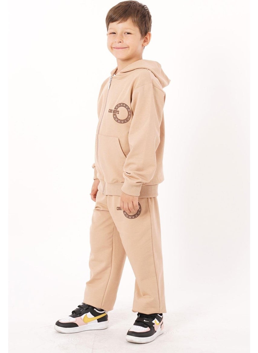 Text Printed Hooded Mink Color Boy Zippered Tracksuit