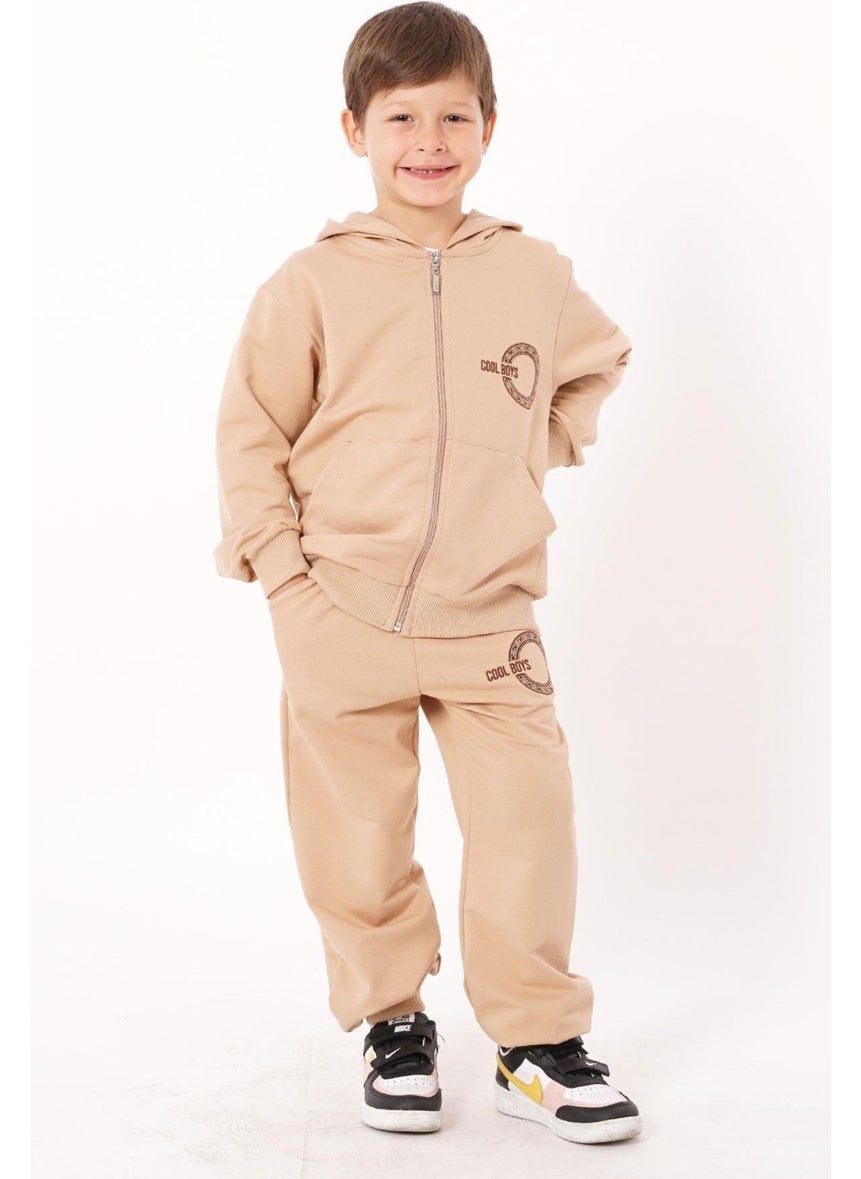 Text Printed Hooded Mink Color Boy Zippered Tracksuit