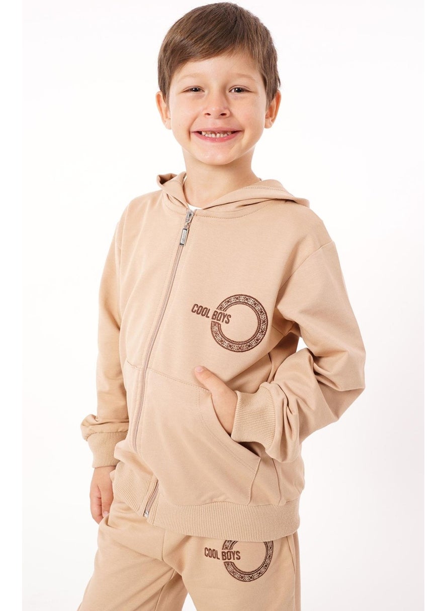 Text Printed Hooded Mink Color Boy Zippered Tracksuit