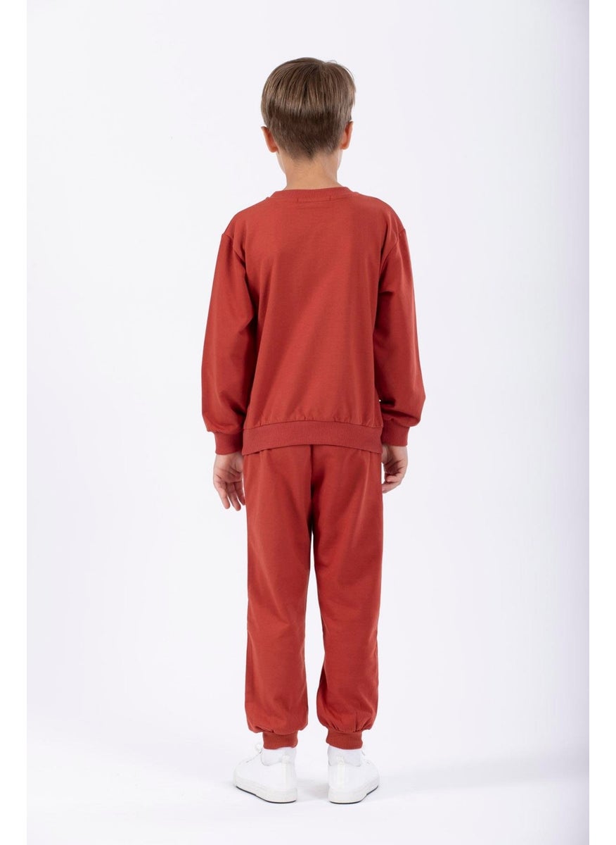 Hat and Bear Printed Brick Color Boy Tracksuit