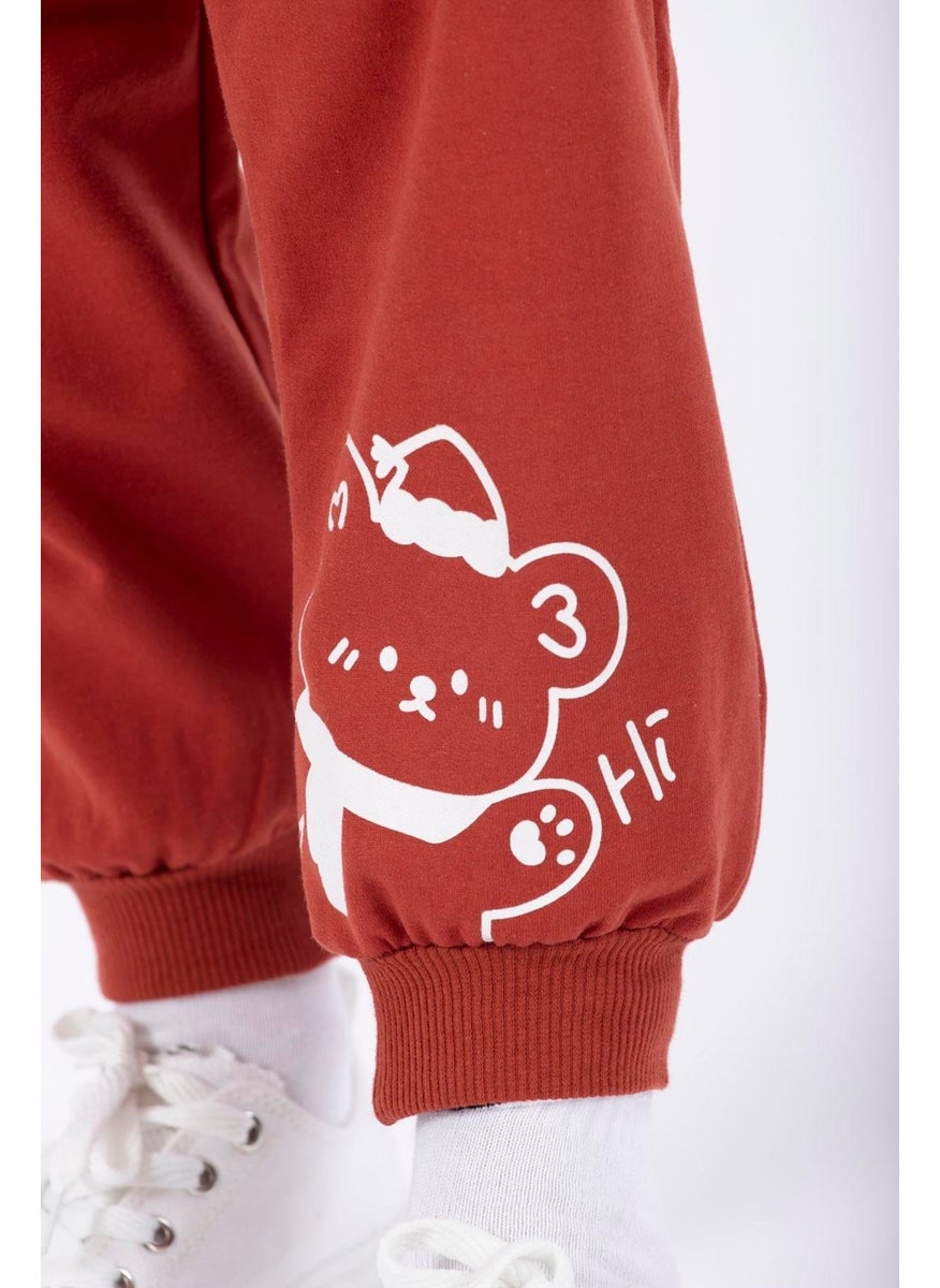 Hat and Bear Printed Brick Color Boy Tracksuit