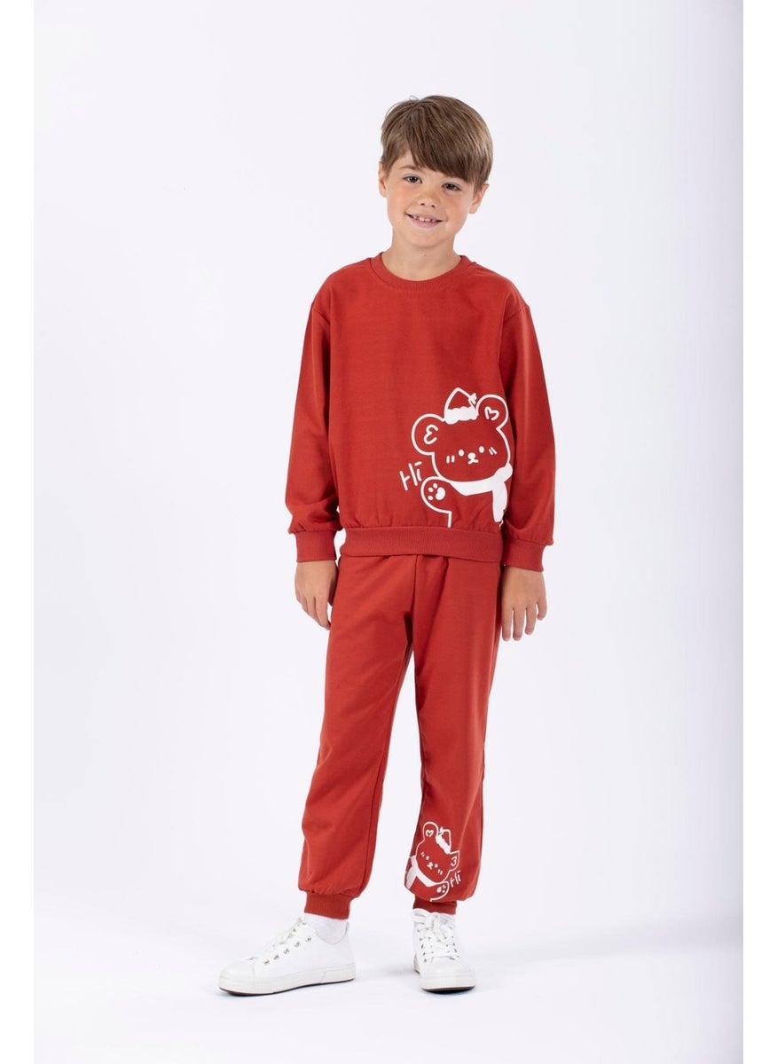 Hat and Bear Printed Brick Color Boy Tracksuit
