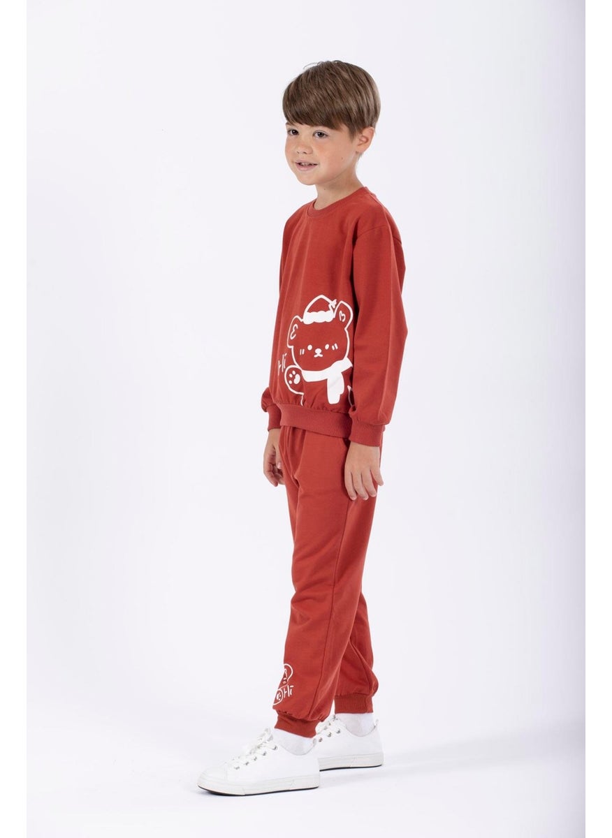 Hat and Bear Printed Brick Color Boy Tracksuit