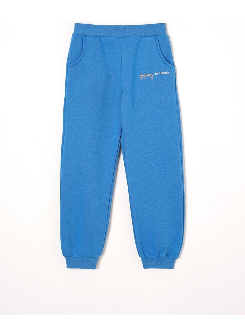Hooded Long Sleeve Text Printed Saxe Color Boy Tracksuit Set