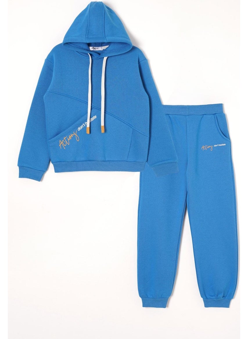 Hooded Long Sleeve Text Printed Saxe Color Boy Tracksuit Set