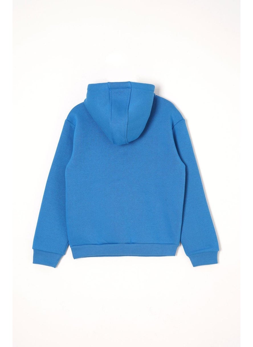 Hooded Long Sleeve Text Printed Saxe Color Boy Tracksuit Set