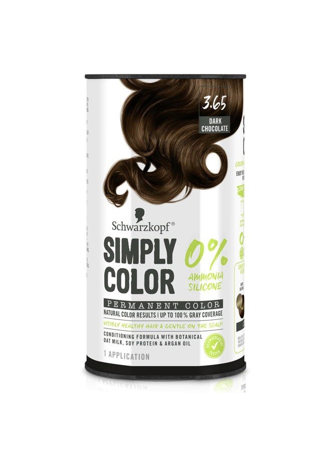 Simply Color Hair Color 3.65 Dark Chocolate Brown, 1 Application - Permanent Hair Dye for Healthy Looking Hair without Ammonia or Silicone, Dermatologist Tested, No PPD & PTD