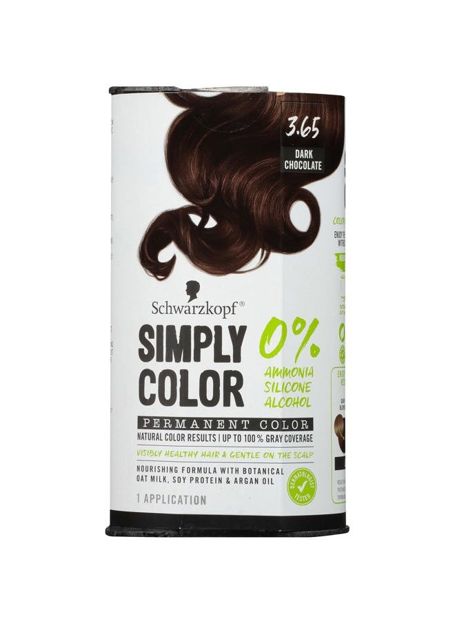 Simply Color Hair Color 3.65 Dark Chocolate Brown, 1 Application - Permanent Hair Dye for Healthy Looking Hair without Ammonia or Silicone, Dermatologist Tested, No PPD & PTD