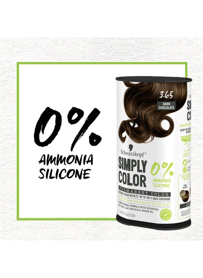 Simply Color Hair Color 3.65 Dark Chocolate Brown, 1 Application - Permanent Hair Dye for Healthy Looking Hair without Ammonia or Silicone, Dermatologist Tested, No PPD & PTD