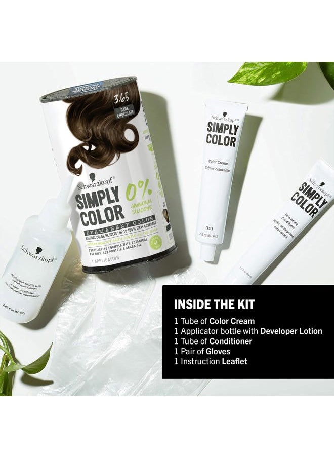 Simply Color Hair Color 3.65 Dark Chocolate Brown, 1 Application - Permanent Hair Dye for Healthy Looking Hair without Ammonia or Silicone, Dermatologist Tested, No PPD & PTD