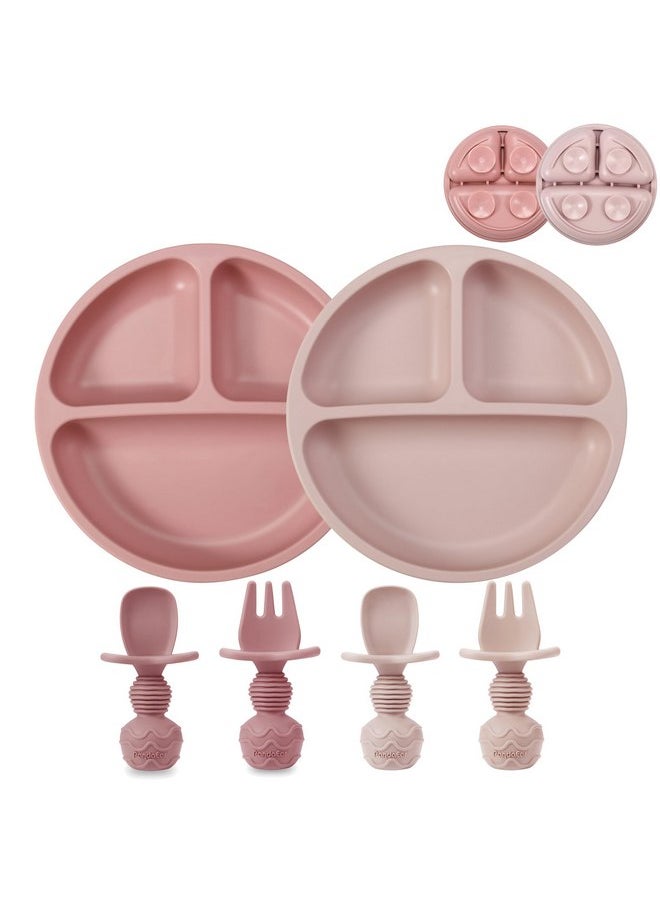 PandaEar 2 Pack Toddler Divided Suction Plates with 2 Spoons 2 Forks for Babies | Silicone Baby Led Weaning Supplies Self Feeding Eating Utensils | BPA-Free Silicone Baby Feeding Set -Pink