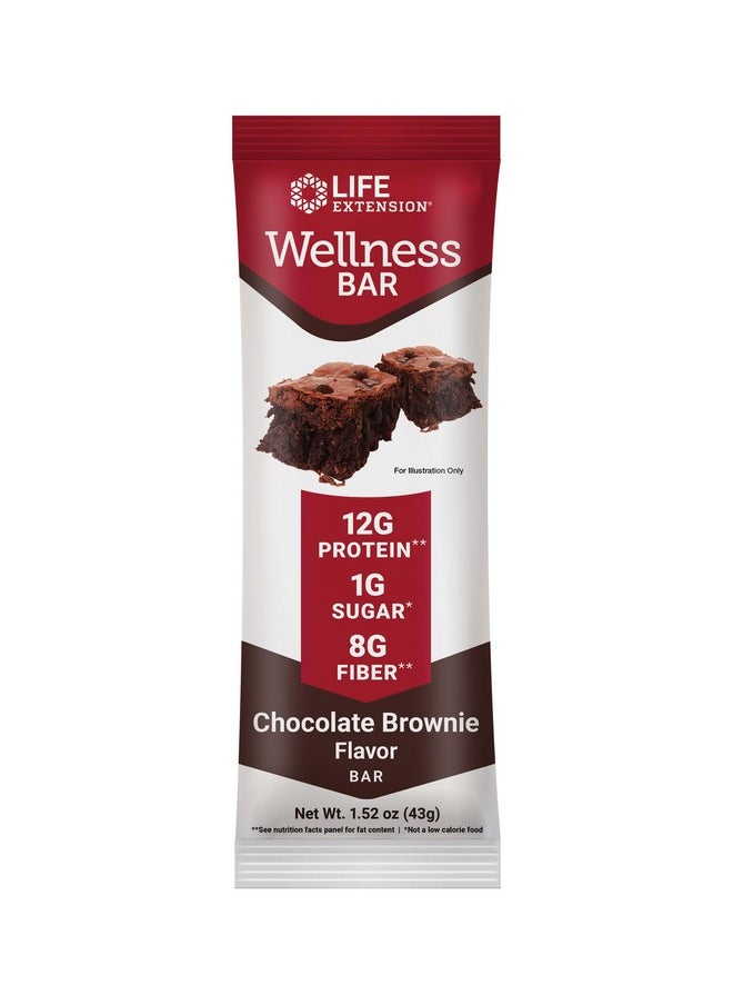 Life Extension Wellness Bar (Chocolate Brownie), 12 G Of Protein, 8 G Of Fiber, Chocolate Brownie Flavor, 100% Cacao Chips, Protein-Rich, On-The-Go Snack, Only 1 G Of Sugar, 6 Bars