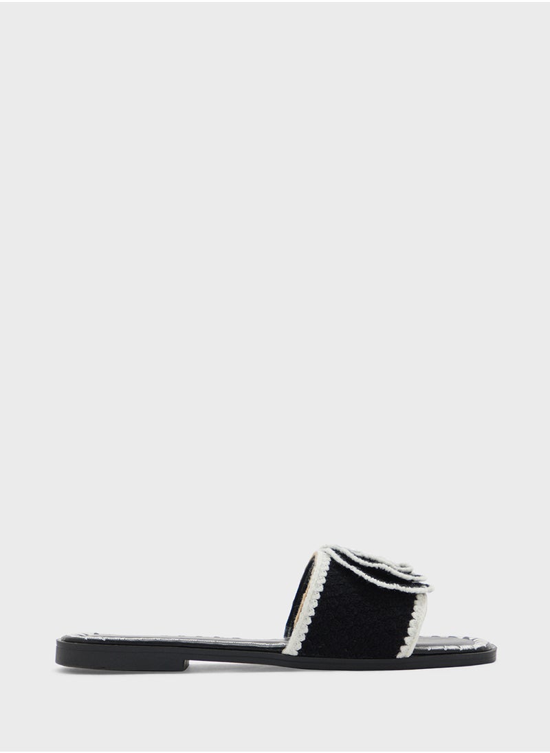 Constrast Stitch Embroidered Rose Floral Flat Sandal