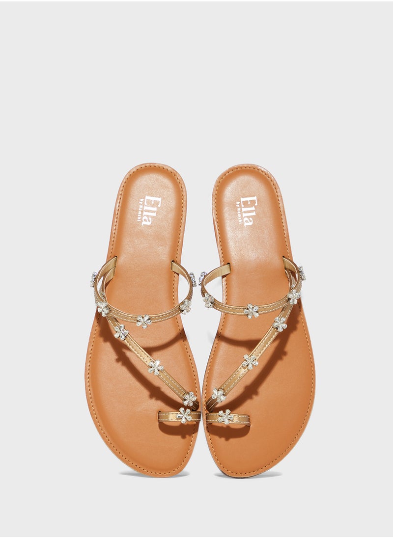 Toe Post Detail Flat Sandal With Floral Diamante