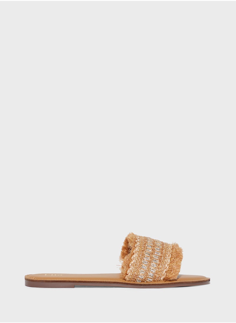 Frayed Edge Diamante Raffia Flat Sandal