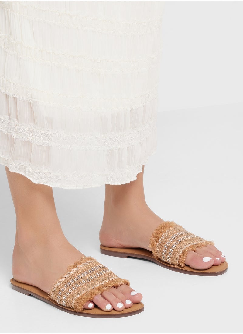 Frayed Edge Diamante Raffia Flat Sandal