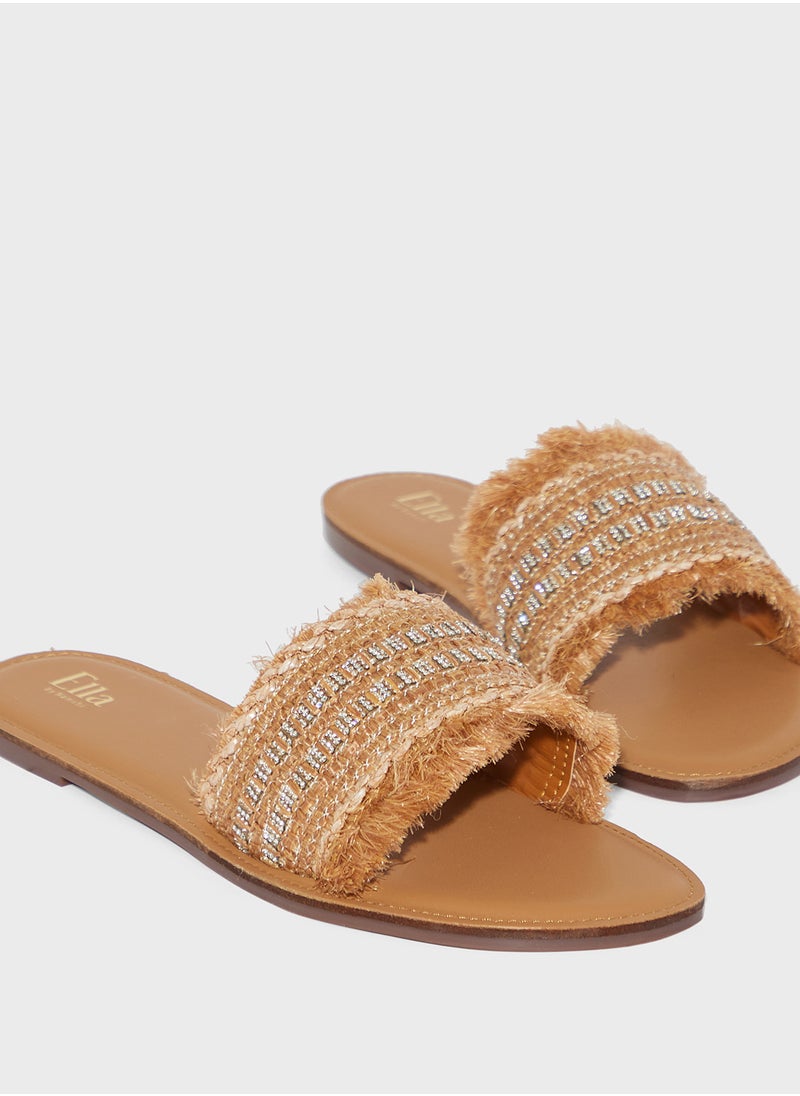 Frayed Edge Diamante Raffia Flat Sandal