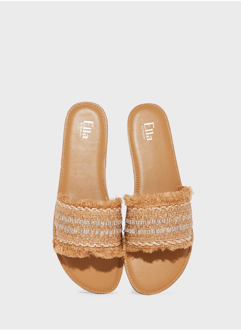 Frayed Edge Diamante Raffia Flat Sandal