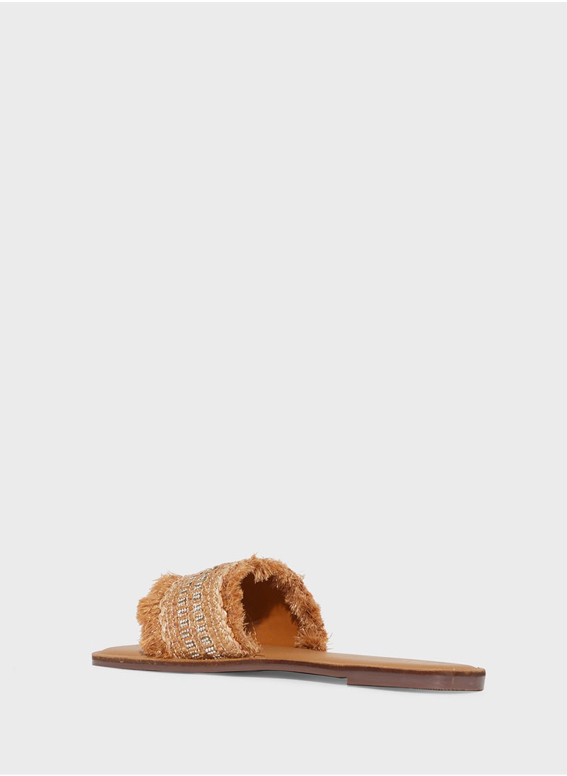 Frayed Edge Diamante Raffia Flat Sandal