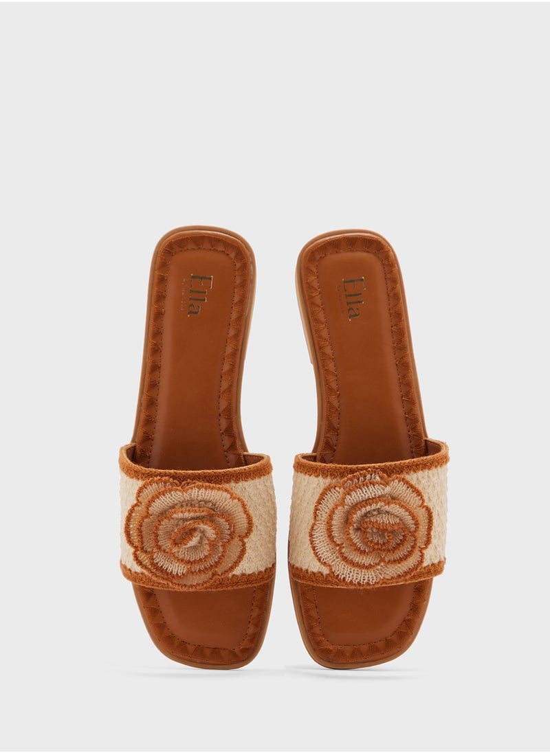 Constrast Stitch Embroidered Rose Floral Flat Sandal