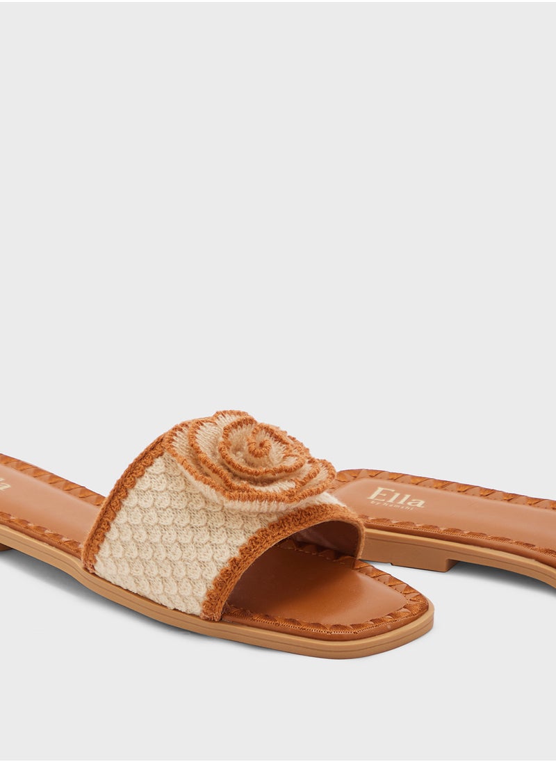 Constrast Stitch Embroidered Rose Floral Flat Sandal